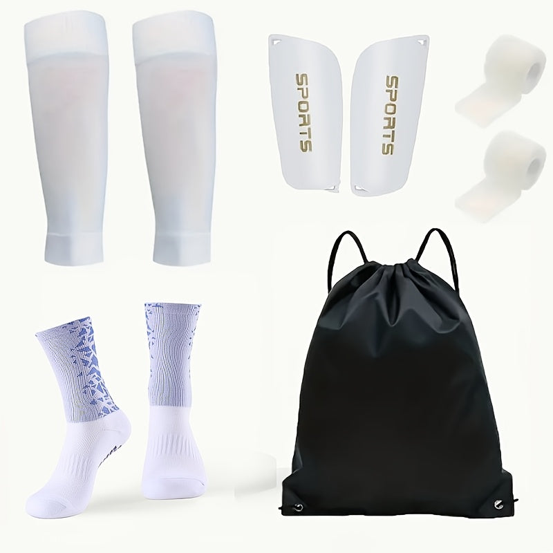 5-piece football equipment set includes silicone grip socks, calf sleeves, drawstring backpack, and leg pads. Made of striped polyester for training and fitness.