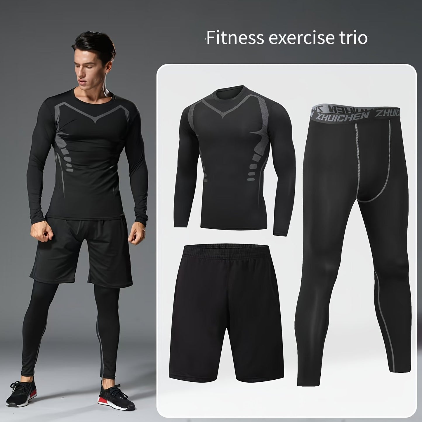 Men's sportswear for running and gym, tight-fitting spring quick-dry gear perfect for morning and night training in spring and autumn seasons.