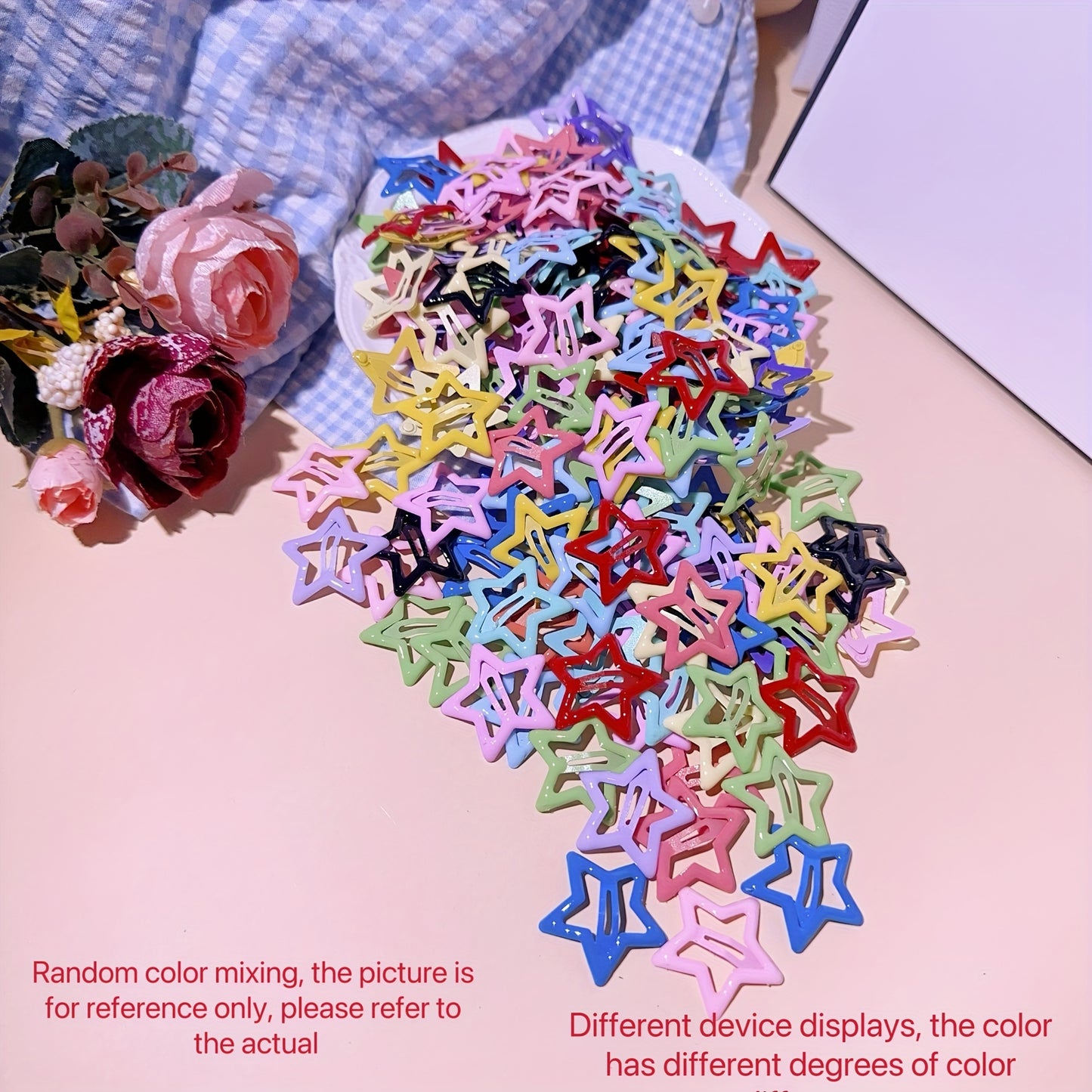 Y2K Cute Star Hair Clips Set in colorful metal star shape, available in 15/30/50/100pcs. Trendy hair accessories for all ages 14+. Perfect gift for Eid and Ramadan.