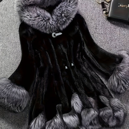 Elegant plus size winter coat with faux mink fur trim and faux fox fur collar, lapel style in solid color knit fabric with pockets.