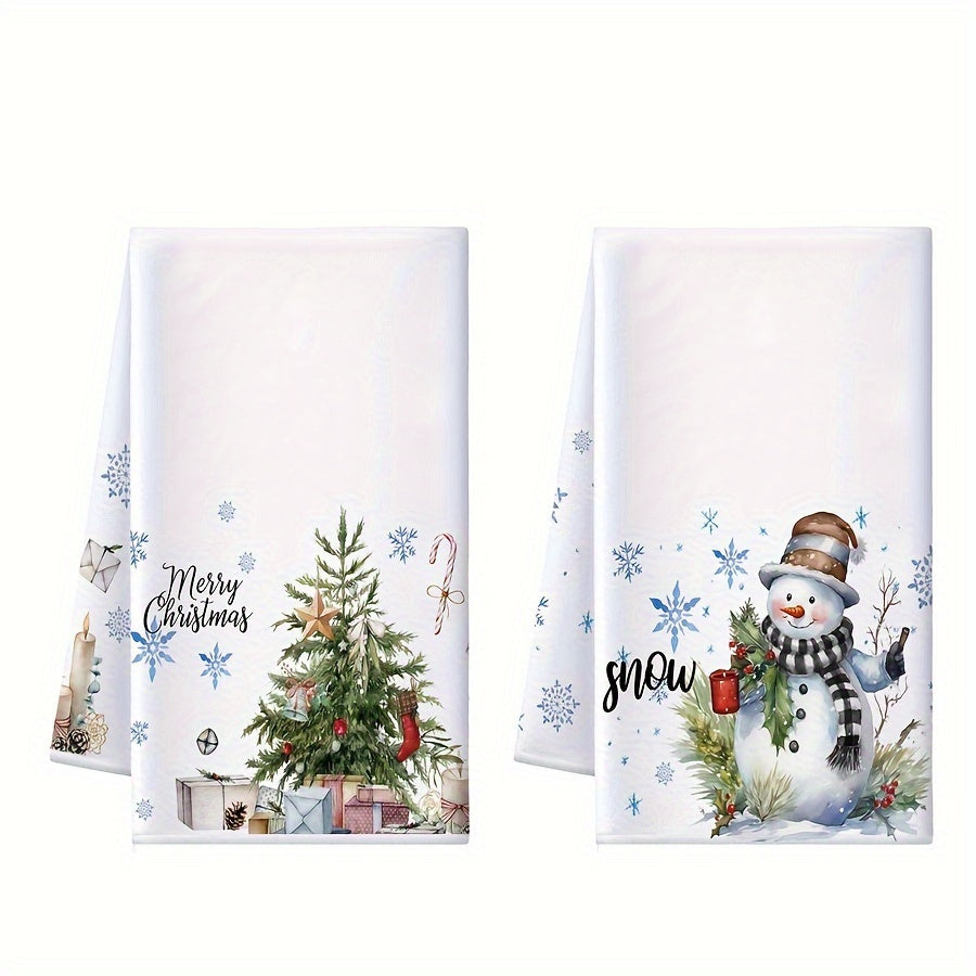 2-piece Christmas kitchen towel set with absorbent design featuring Christmas tree, snowflake, snowman, and winter watercolor reindeer. Perfect for housewarming bathroom supplies.