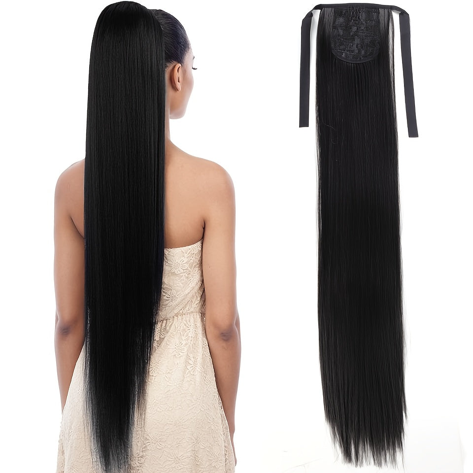 81.28 cm Black Synthetic Straight Ponytail Hair Extension, Drawstring Style for Women