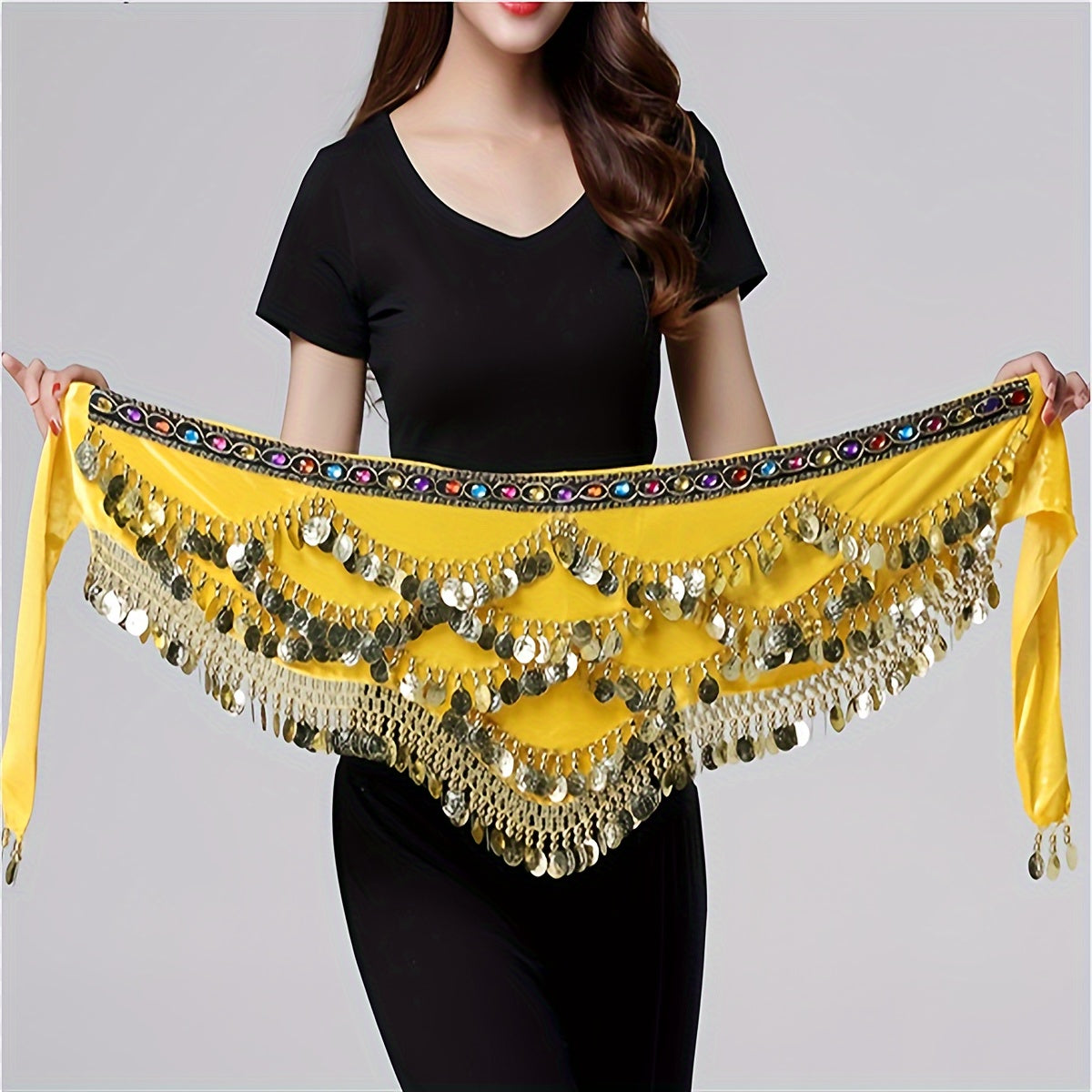 1 piece belly dance hip towel with sequin decoration for dance performances.