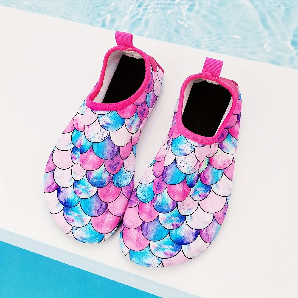 Colorful fish scale print slip-on water shoes for toddler girls, perfect for summer fun at the beach.