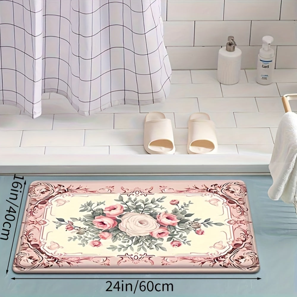 French Country Floral Mat - This decorative absorbent mat is perfect for kitchen, bath, and living room use. The machine washable rug features a non-slip PVC backing and is made from polyester. The woven 600gsm rectangle mat is ideal for entryways and