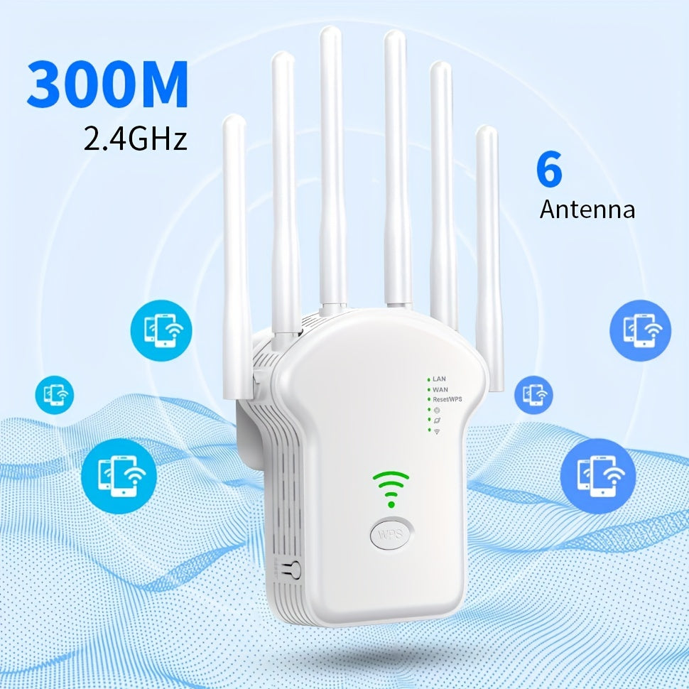 momotor WiFi Extender boosts signal for up to 8500 sq. ft, supports 35 devices, 4 modes, Ethernet port, one-touch setup - ideal for home, office, cafe.