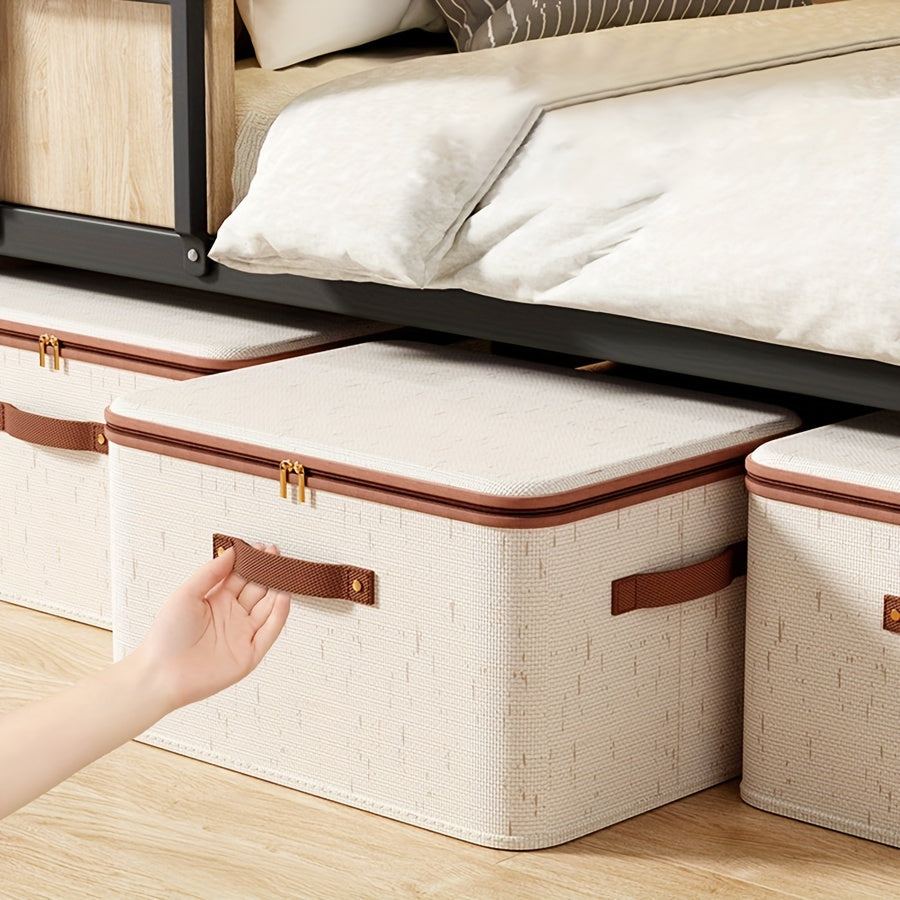 Foldable Clothes Storage Box with Lid for Home Bedroom and Under-Bed Storage, made of Tianshan Hemp with Zipper.