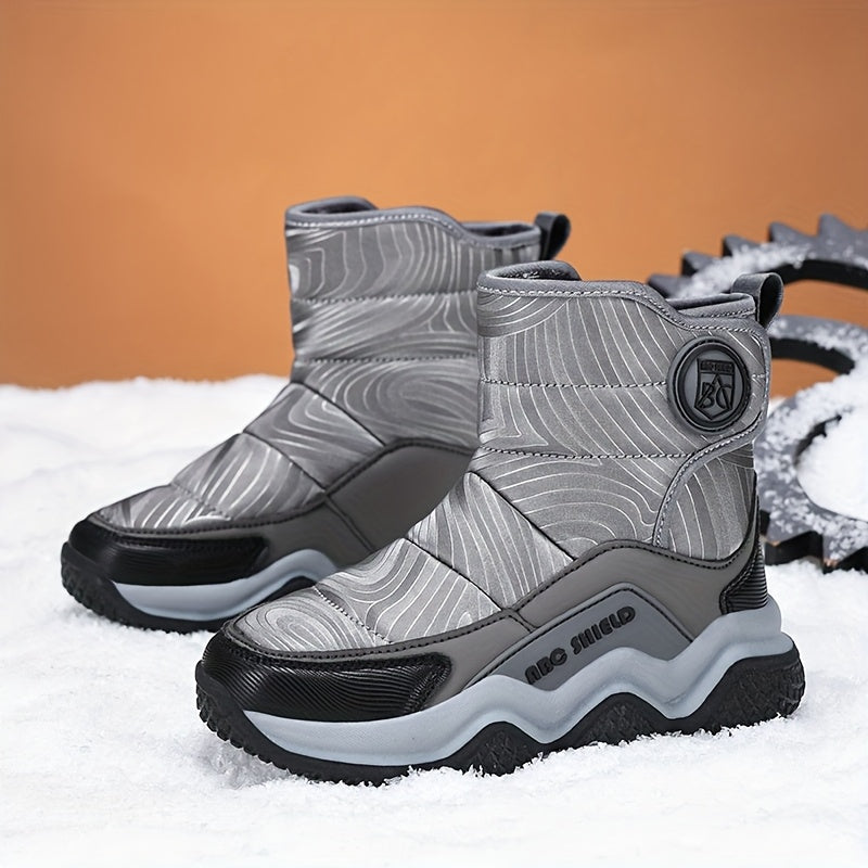 Winter snow boots for kids with warm fleece lining, high-top, non-slip sole, and hook-and-loop closure - cozy and stylish for boys and girls.