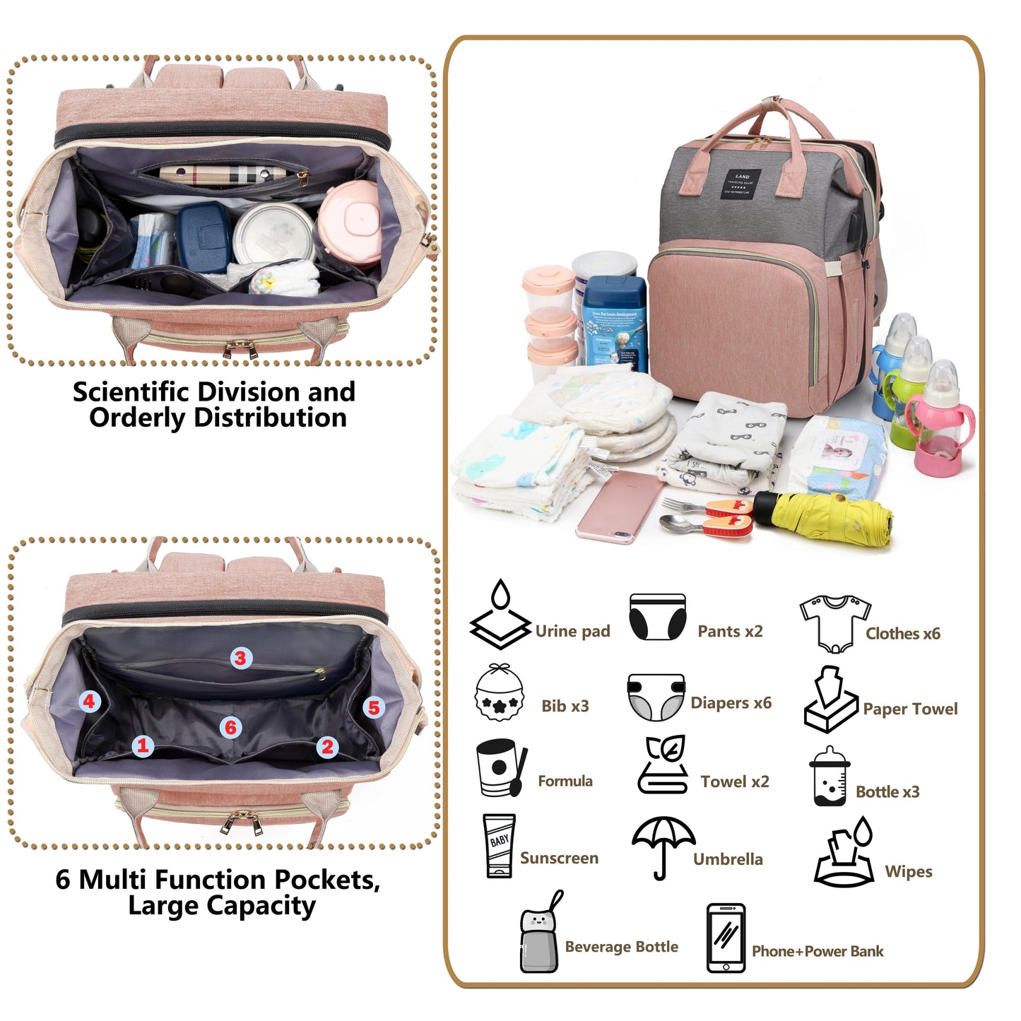 A versatile diaper backpack featuring a built-in changing station and plenty of storage pockets. Made from soft polyester material, this portable travel baby bag organizer is a must-have for any new parent. With its large capacity and utility pockets