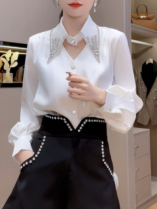 Elegant French style women's shirt with rhinestone embellished puff sleeves, lapel collar, regular length, all-season polyester blouse