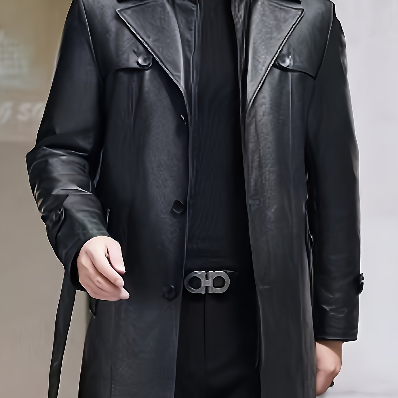 Plus-size men's mid-length PU overcoat for casual outings, warm for late autumn and winter.