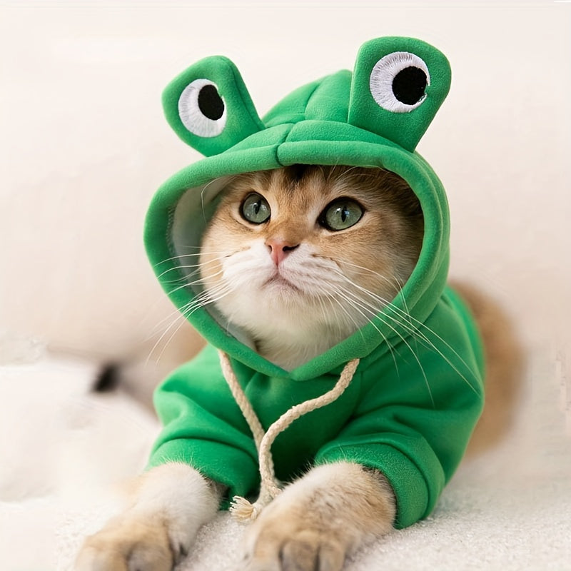 Cute frog-themed hoodie for small cats, suitable for all seasons.