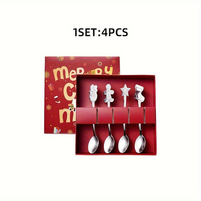 Cheerful Christmas Gift Set: Set of 4 Stainless Steel Spoons Featuring Adorable Cartoon Designs, Ideal for Festive Gatherings and Holiday Celebrations