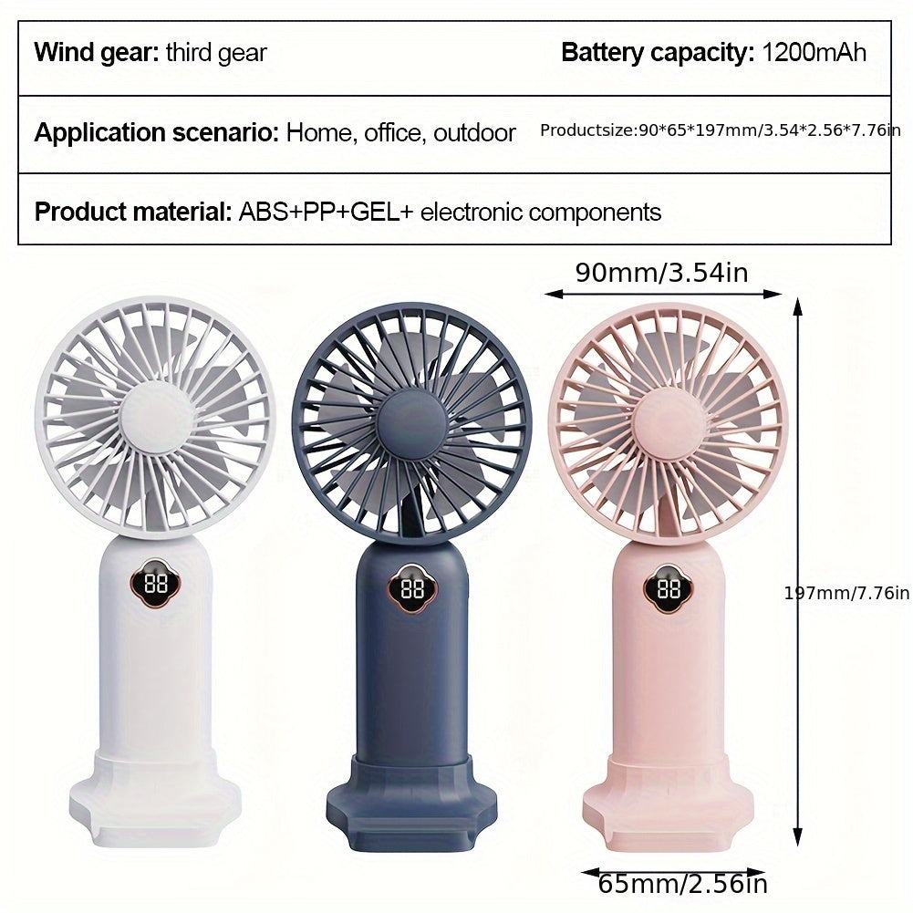 Essential for the summer season, this handheld mini fan with a 1200mAH battery pack is perfect for staying cool during outdoor activities. Measuring 19.71*8.99cm, this silent small fan is a must-have for back-to-school supplies, RV trips, camping