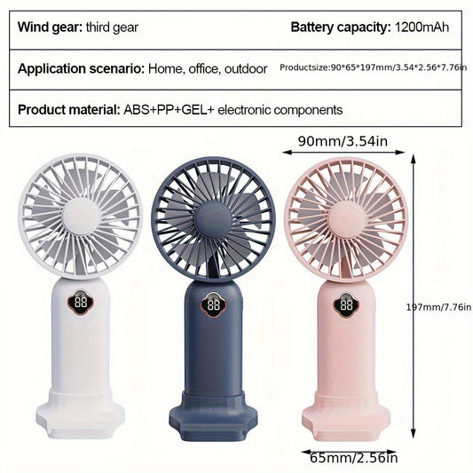 Essential for the summer season, this handheld mini fan with a 1200mAH battery pack is perfect for staying cool during outdoor activities. Measuring 19.71*8.99cm, this silent small fan is a must-have for back-to-school supplies, RV trips, camping