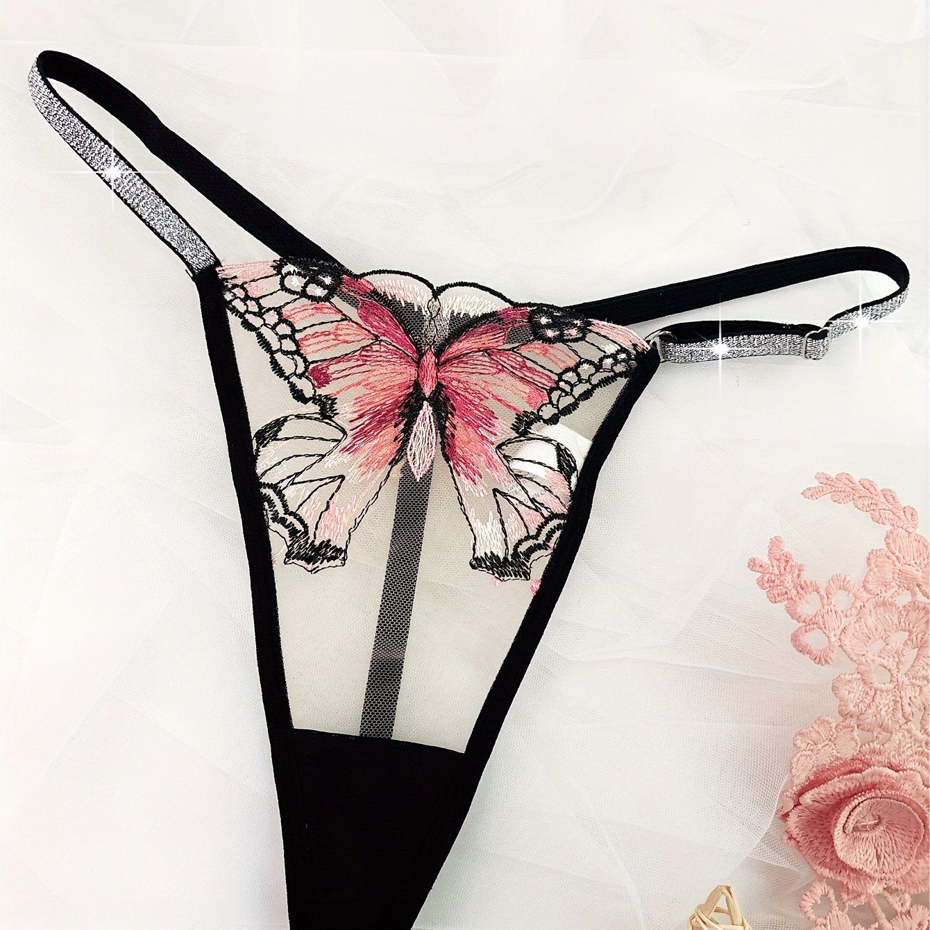 Butterfly print glitter belted mesh thongs, hot semi-sheer intimate panties, sexy women's underpants.