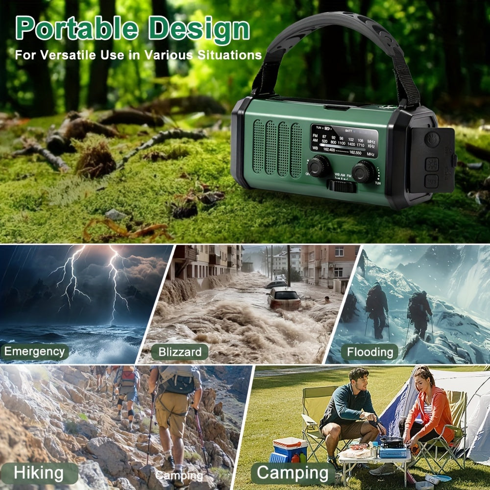 10000mAh Emergency Radio: Solar-powered, hand crank, NOAA AM/FM weather radio with flashlight, SOS alarm and phone charger.