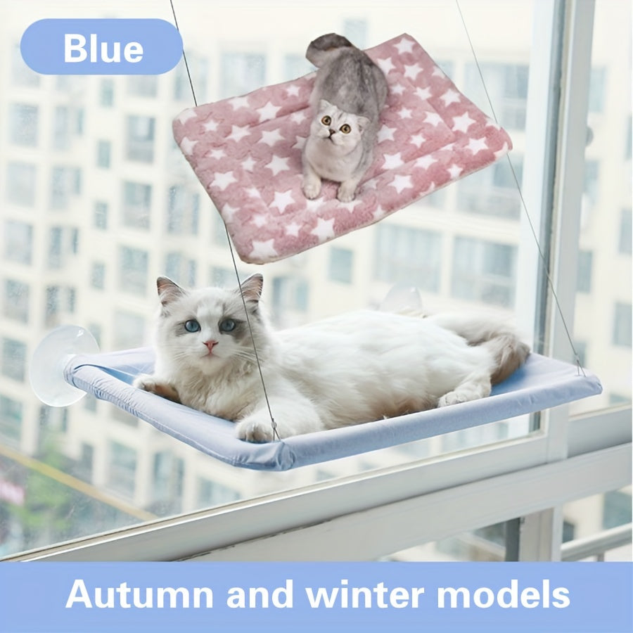 Cozy Cat Hammock in White & Gray Plaid with Detachable Blanket and Secure Straps for Balcony & Indoor Use - Ideal for Autumn & Winter Comfort