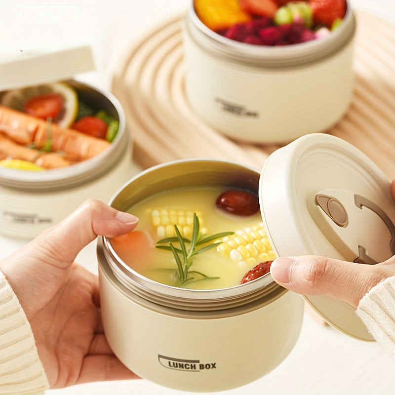 Double-layer soup bowl with lid made of stainless steel, suitable for microwaves. Perfect for students and office workers, this food-grade bento box is a reliable option for carrying your meals. The stainless steel lunch box also doubles as a bucket.