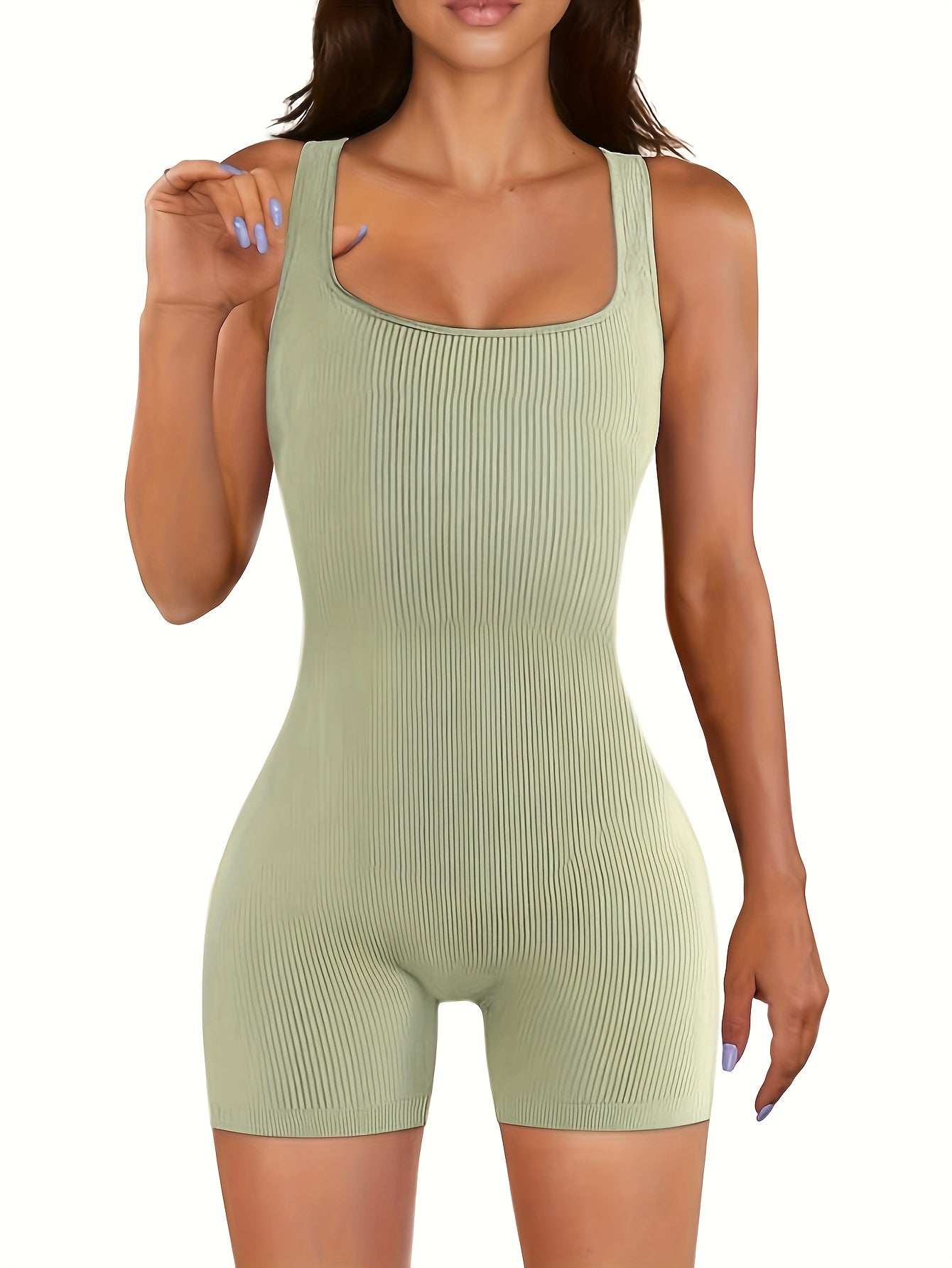 3 sporty solid ribbed lounge rompers: square neck slim fit tank romper for women's loungewear.