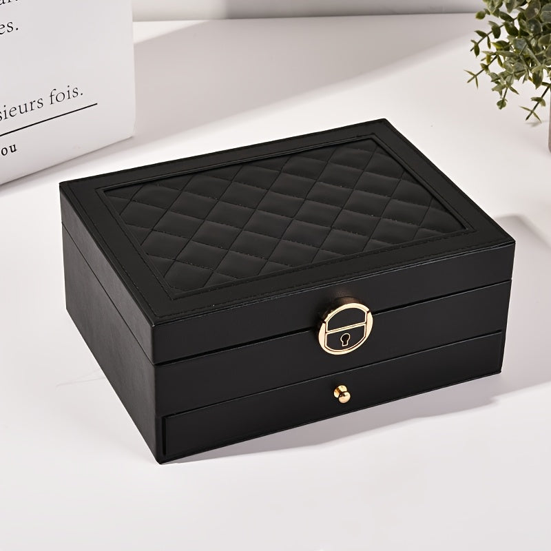 Luxurious faux leather jewelry organizer with lock, spacious drawers for accessories - perfect gift for women and girls.