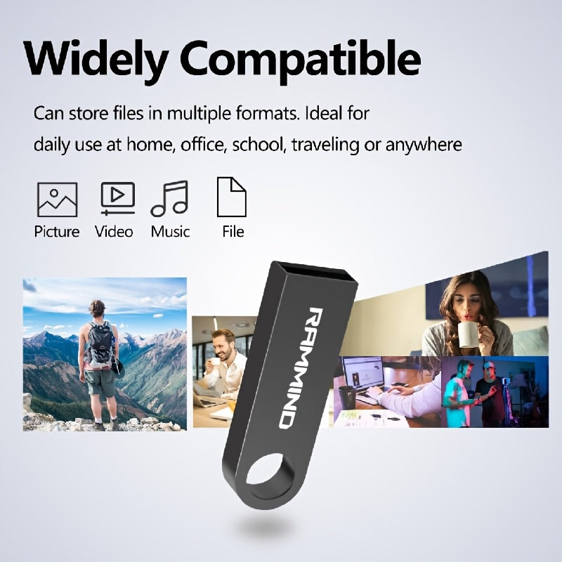 RAMMIND High-Speed USB 2.0 Flash Drive with Metal Keychain Design, available in various sizes for multiple devices.