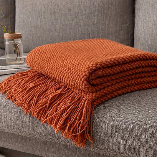 Orange Tassel Knitted Blanket, 1 Piece - Cozy Throw for Couch, Bed, Sofa, Office, or Camping