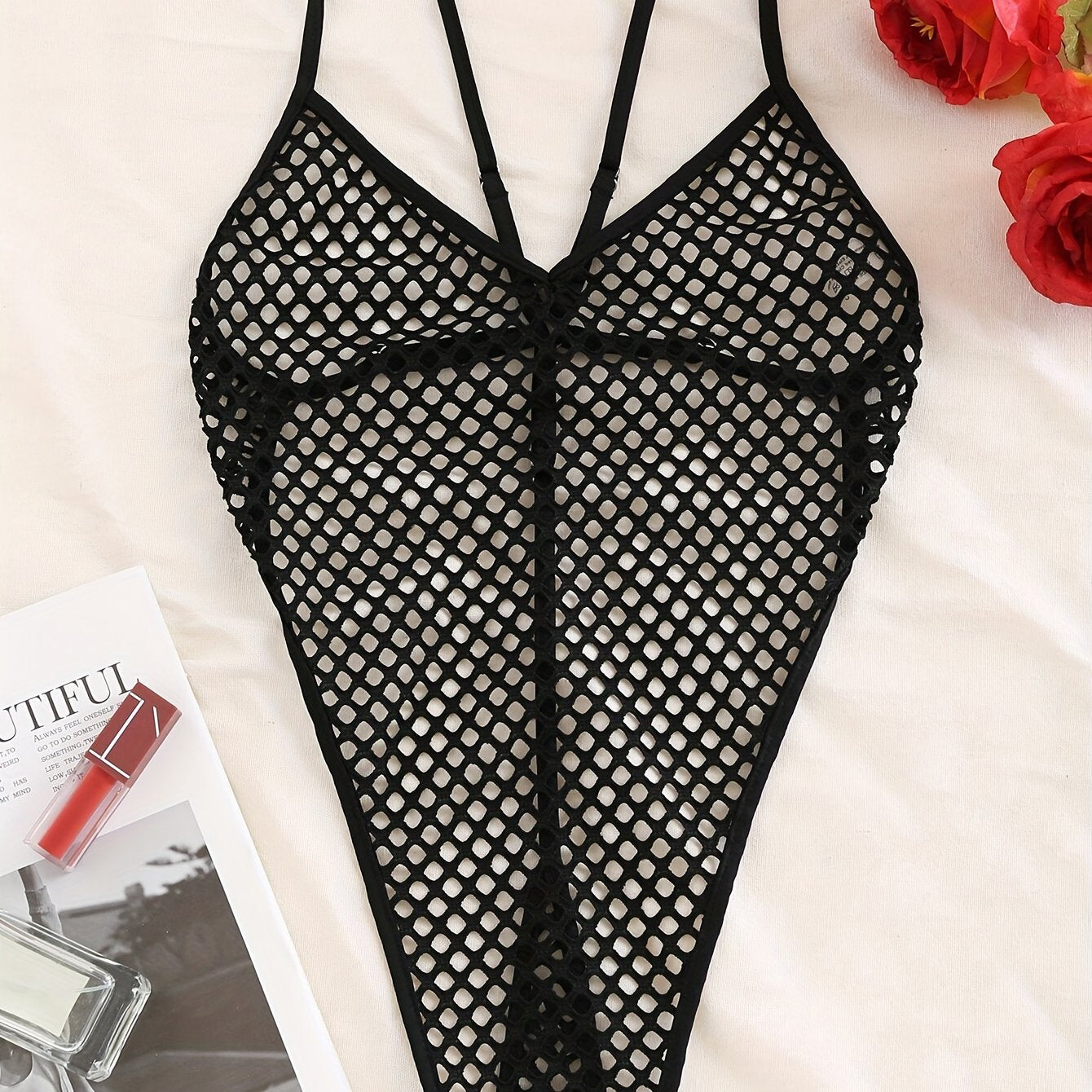 Sexy Solid Color Jacquard Mesh Bodysuit with Hollow Exposed Back for Seductive Lingerie.