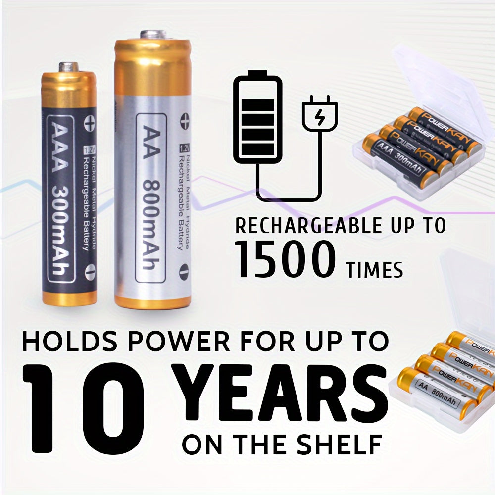 PowerKAN set includes high-quality 1.2V NiMH rechargeable AA & AAA batteries with ALL8 charger, suitable for rechargeable and discharge cycles. Pack includes 8x 800mAh AA and 8x 300mAh AAA