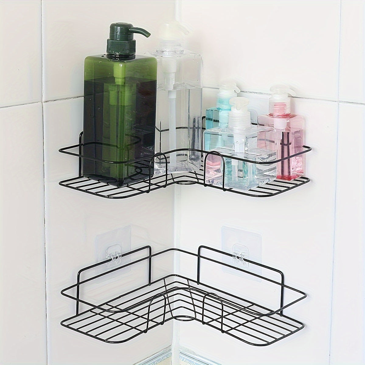 Stainless steel bathroom storage rack with golden tube, wall-mounted corner shower shelf. Comes with seamless stickers for easy installation. Available in white or black finish.