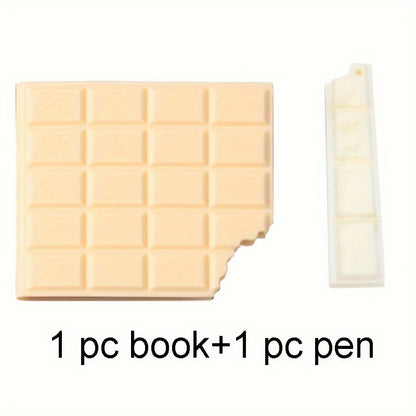 Set of 2 chocolate-shaped sticky note books with ballpoint pens, ideal for students. Portable and special-shaped design, perfect for back to school. Includes blank pages and kawaii