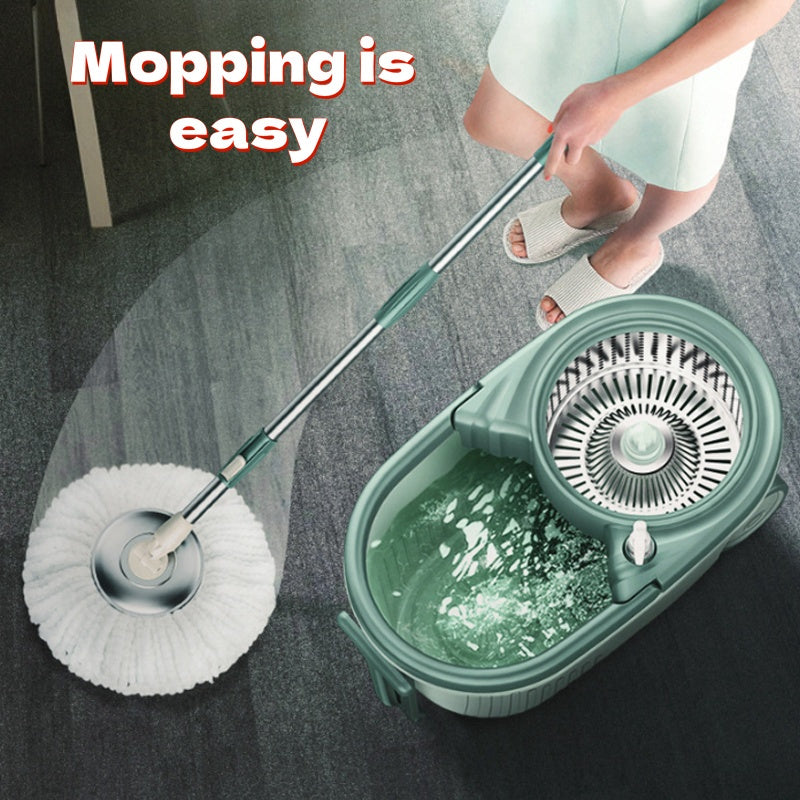 Spin Mop va Chelak to'plami, Turli yuzalarni tozalash uchun mos, Qo'l bilan tozalashni talab qilmaydi, Uy, Oshxona, Hammom, Yashash xonasi, Yotoqxona, Patio tozalash uchun mukammal, kiritilgan asboblar va materiallar bilan.