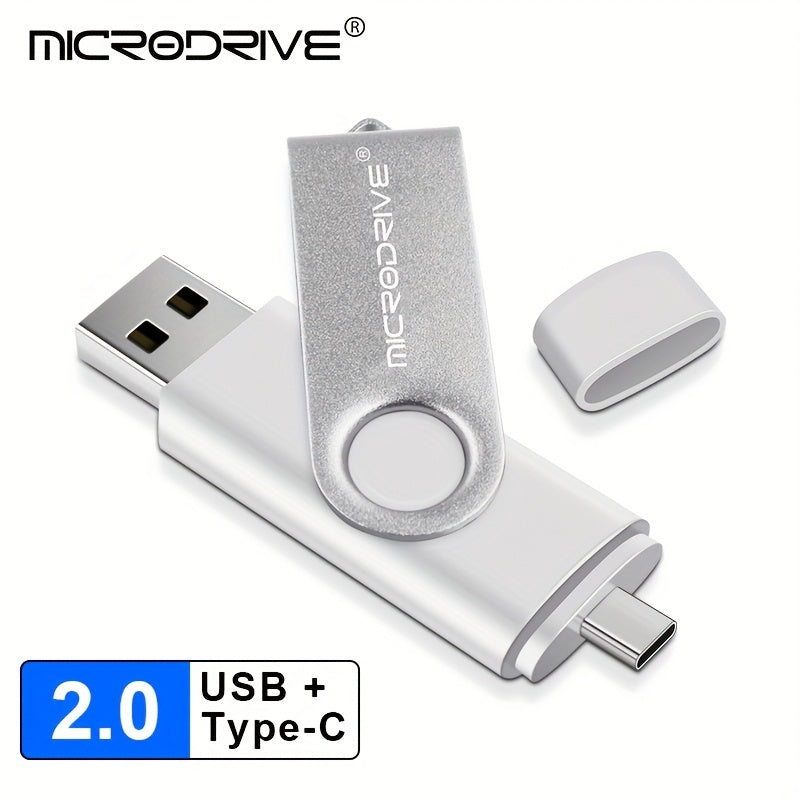 MiCRODRIVE USB 2.0 Pen Drive in 4GB, 8GB, 16GB, 32GB, 64GB, and 128GB capacities, with a 360 rotating metal design and Type-C compatibility for Android devices. Available in black, blue