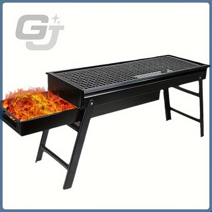 G-J portable folding BBQ grill with iron rack, side shelf, chimney starter, and spray paint finish for outdoor cooking and grilling.