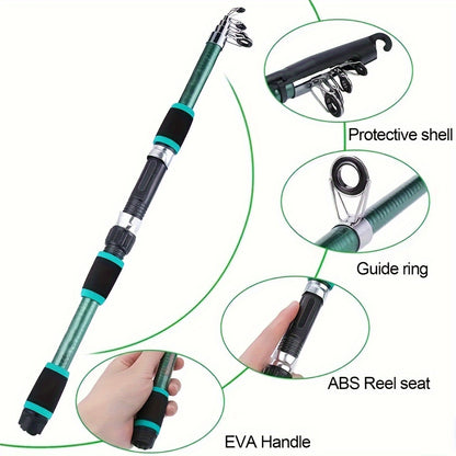 All-in-one fishing rod kit with telescopic rod, spinning reel, bait hooks, and travel set.