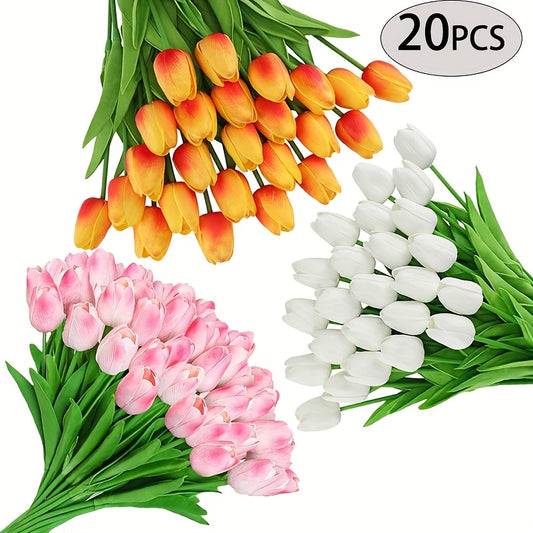 20pcs of artificial tulip bouquet with multi-color PU tulips, realistic appearance, adjustable stems, ideal for home and wedding decorations.