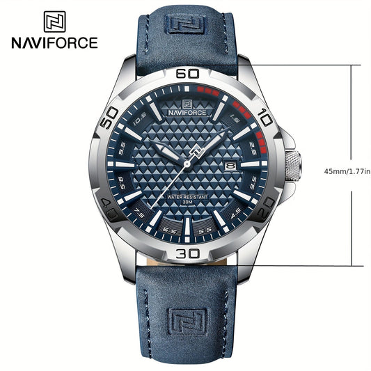 NAVIFORCE Men's Quartz Watch NF8023 features a casual style with a round alloy case and genuine leather strap. The watch also boasts a carbon fiber dial, 3ATM water resistance, and is powered by a battery-powered electronic movement.