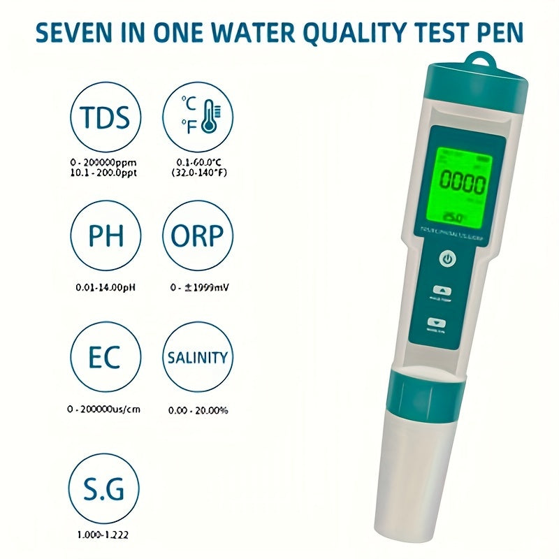 Одна ручка для тестирования качества воды с 7 функциями: TDS, pH, ORP, EC, TEMP, СОЛЕНОСТЬ, S.G. ЖК-дисплей с подсветкой, работающая от батареек, пластиковый материал, батарея не включена.