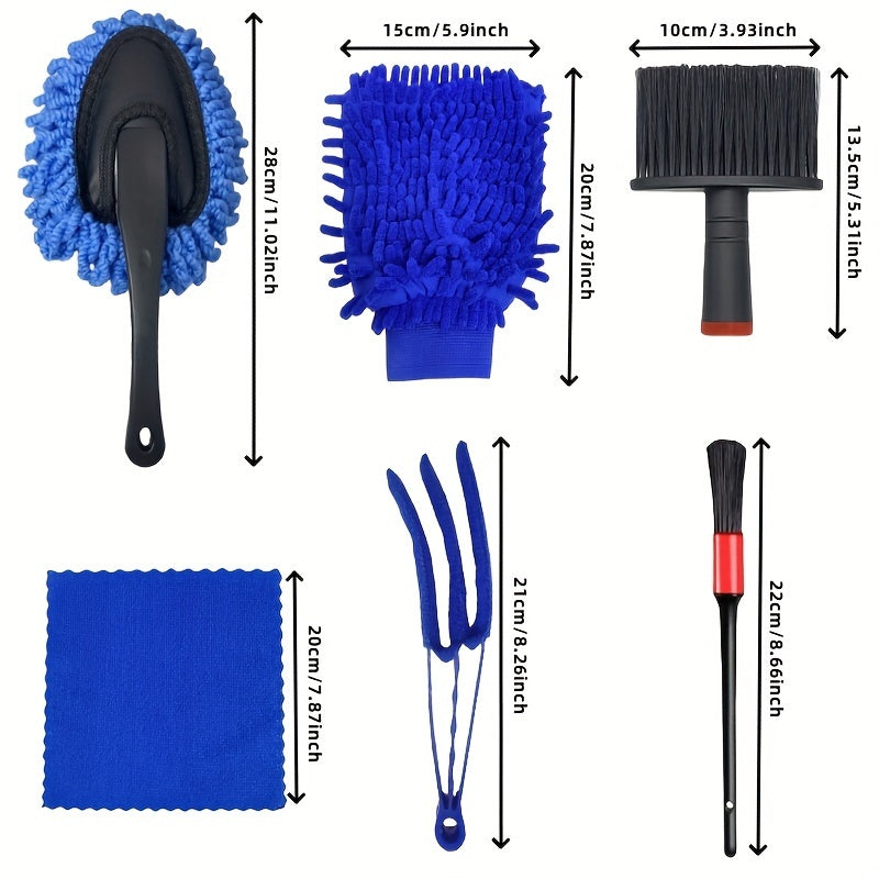 Full car detailing set includes wash mitt, wheel brush, dusting brush, vent cleaning tool, long & short brushes, wax applicator sponge, and duster - non-electric.