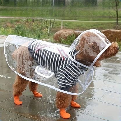 Waterproof dog raincoat made of ABS & PVC, hand wash, press buckle closure, suitable for all breed sizes.