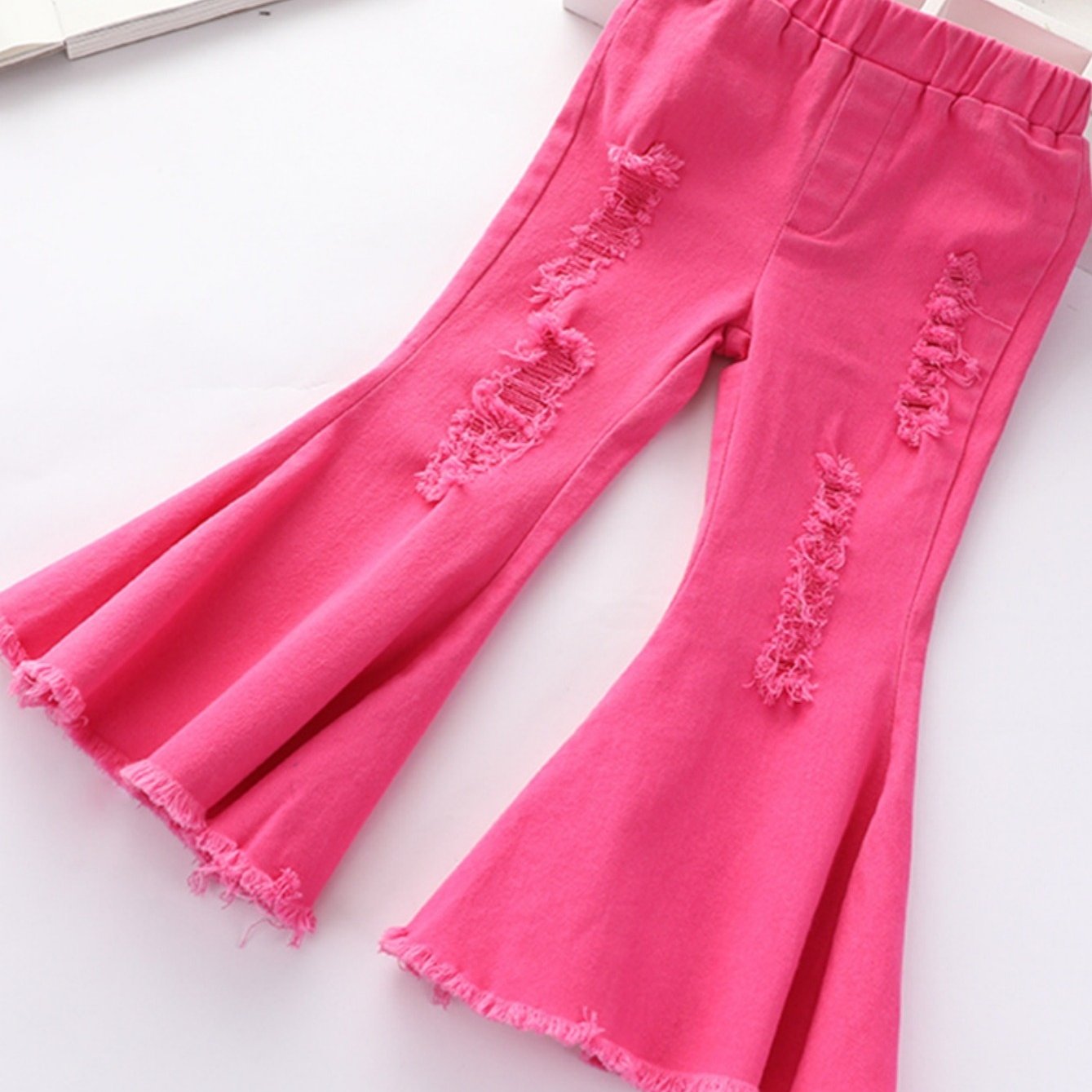 Rose Red Stretch Ripped Flare Jeans for Baby Girls