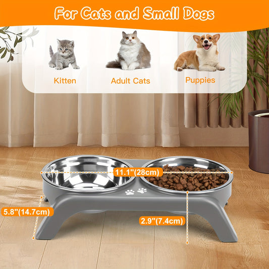 Arsali Elevated Cat Bowls with stainless steel dual bowls for food and water, designed for cats and small dogs, featuring anti-vomiting, ergonomic design with non-slip feet. Easy to clean