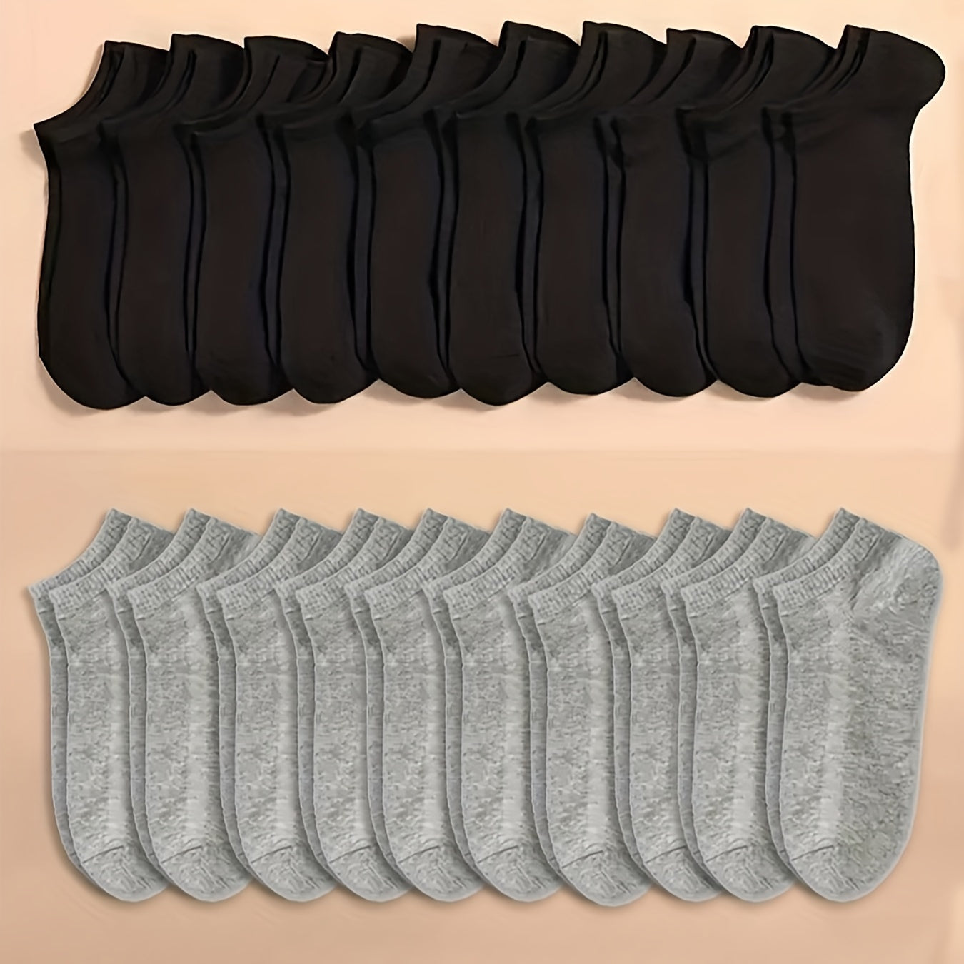 20 breathable ankle socks in versatile solid colors. Made of polyester blend, machine washable, and suitable for all seasons. Cute and comfortable.