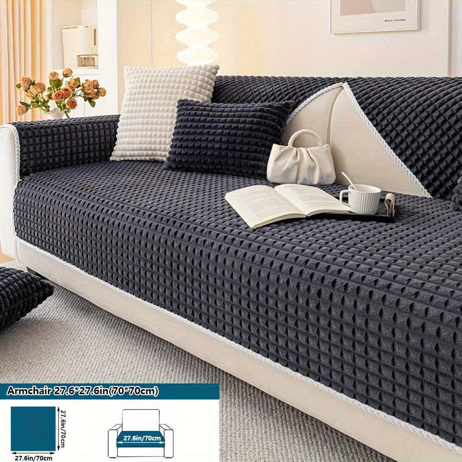 Plaid plush sofa cover with non-slip design, perfect for pets and all seasons. Suitable for various types of furniture.