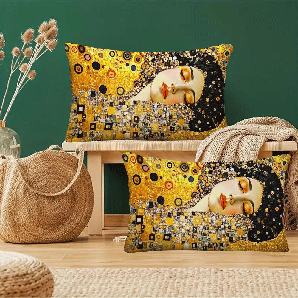 Set of 2 Gustav Klimt's Kiss Abstract Oil Painting Pillow Covers, measuring 50.8*30.48cm each. Perfect for adding a modern touch to neutral sofas, bedrooms, and living rooms. Great for camping, outdoor sofas, tents, and car accessories. (Pillow mats not