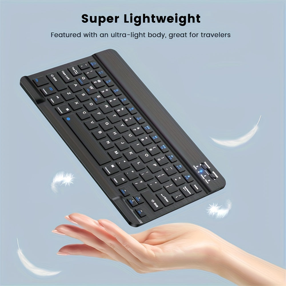 Portable mini wireless keyboard and mouse combo with slim design, rechargeable lithium-polymer battery, and compatibility with various devices. Features optical movement detection, silent