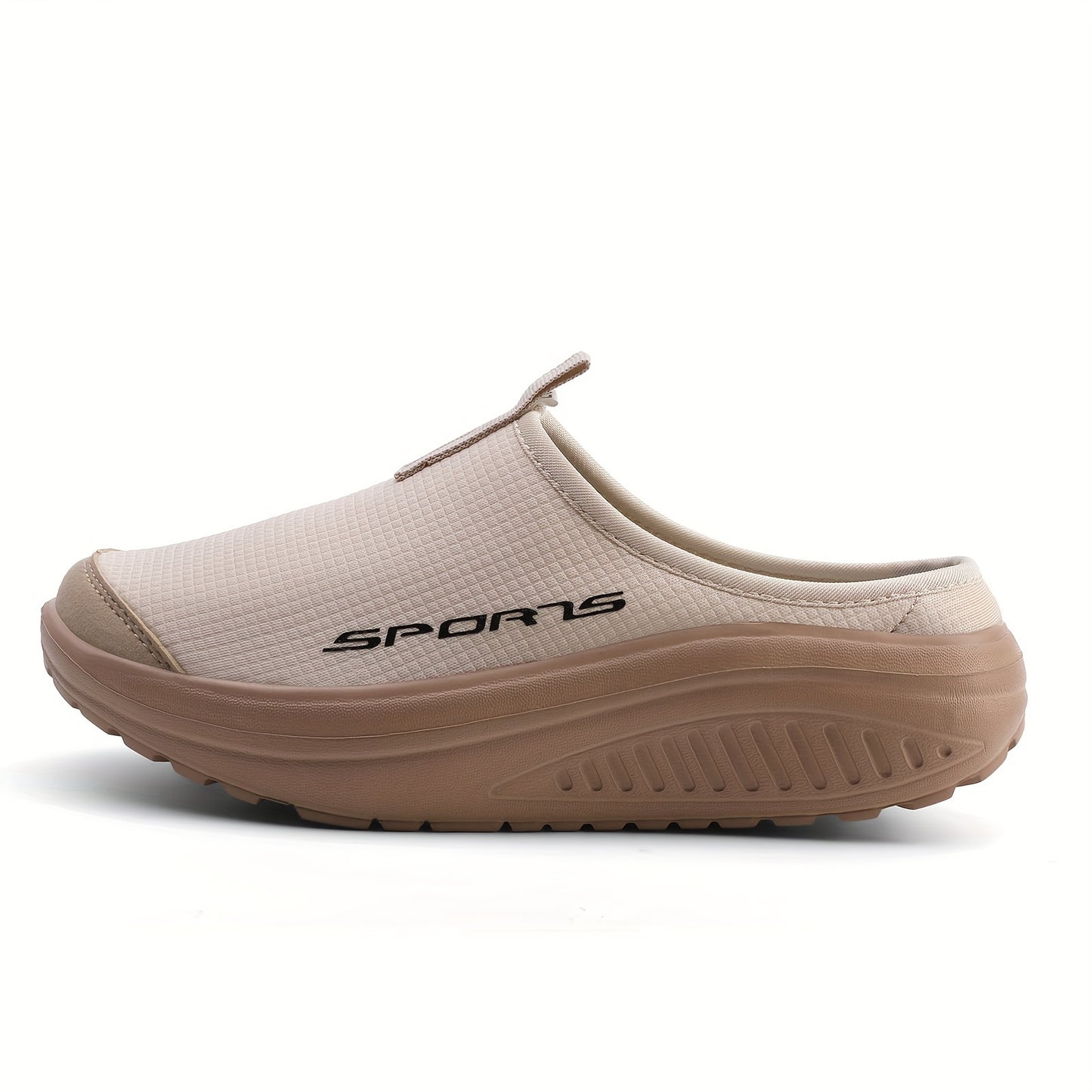 Breathable knit slip-on sneakers with a comfortable EVA rocker sole, beige with sporty logo, suitable for all seasons. Casual low-top design. Durable footwear and shoe accessories.