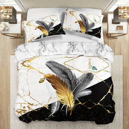 3-piece soft and breathable duvet cover set in black and white marble feather print, including 1 duvet cover and 2 pillowcases (no insert), suitable for all seasons.