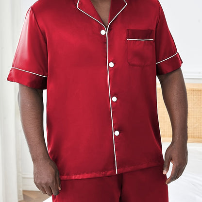 2-piece casual V-neck shirt and shorts set for plus size men, perfect silky pajamas for home comfort.