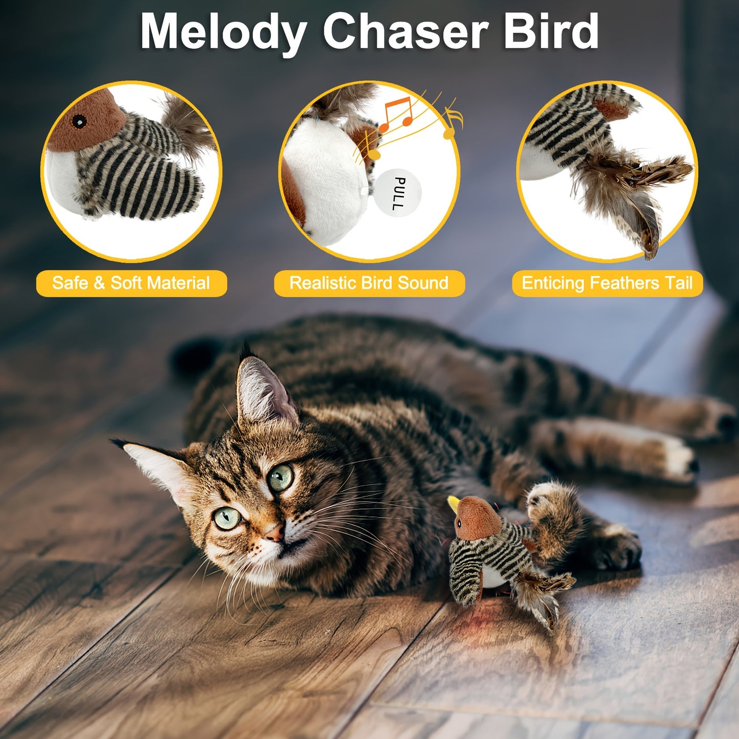 Sparrow-shaped fabric pet toy with animal print, battery-operated. Safe button battery for interactive play with cats of all sizes.